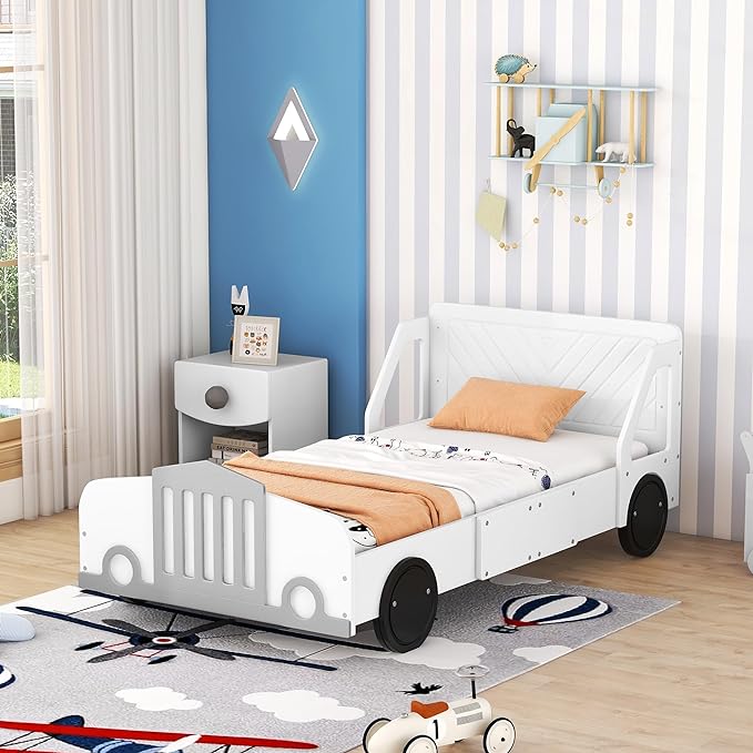 Twin Size Car-Shaped Bed Frame for Kids,Wooden Platform Bed with Wheels and Side Rails for for Boys Girls,Wood Slat Supports,No Box Spring Needed,White - LeafyLoom