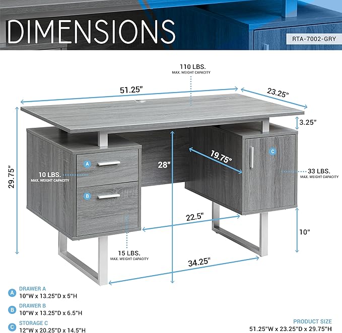 NicBex Laik-DW-00042-DX Desks, 51.25" W x 23.25" D x 29.75" H, Gray - LeafyLoom