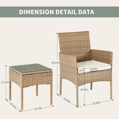 3 Pieces Patio Set Balcony Furniture Sets for Apartments.Bistro Furniture Set, Conversation Sets with Coffee Table, for Porch, Patio, Garden and Removable Cushions Beige - LeafyLoom