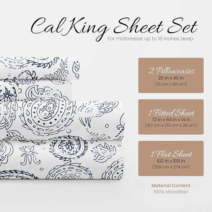 Linen Market 4 Piece California King Bedding Sheet Set (Navy Floral) - Sleep Better Than Ever with These Ultra-Soft & Cooling Bed Sheets for Your Cal King Size Bed - Deep Pocket Fits 16" Mattress - LeafyLoom