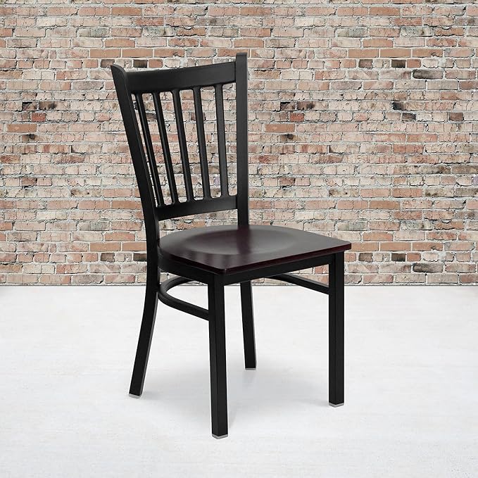 Flash Furniture 2 Pk. HERCULES Series Black Vertical Back Metal Restaurant Chair - Mahogany Wood Seat - LeafyLoom