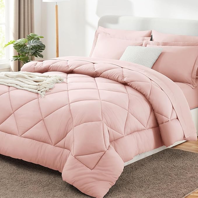 CozyLux King Comforter Set with Sheets 7 Pieces Bed in a Bag Pink All Season Bedding Sets with Comforter, Pillow Shams, Flat Sheet, Fitted Sheet and Pillowcases - LeafyLoom