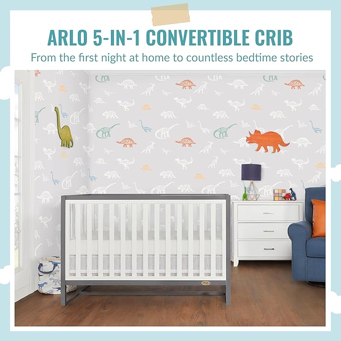 Arlo 5-in-1 Convertible Crib in Steel Grey and White, JPMA Certified, 3 Mattress Height Settings, Non-Toxic Finish, Made of Sustainable and Sturdy Pinewood - LeafyLoom