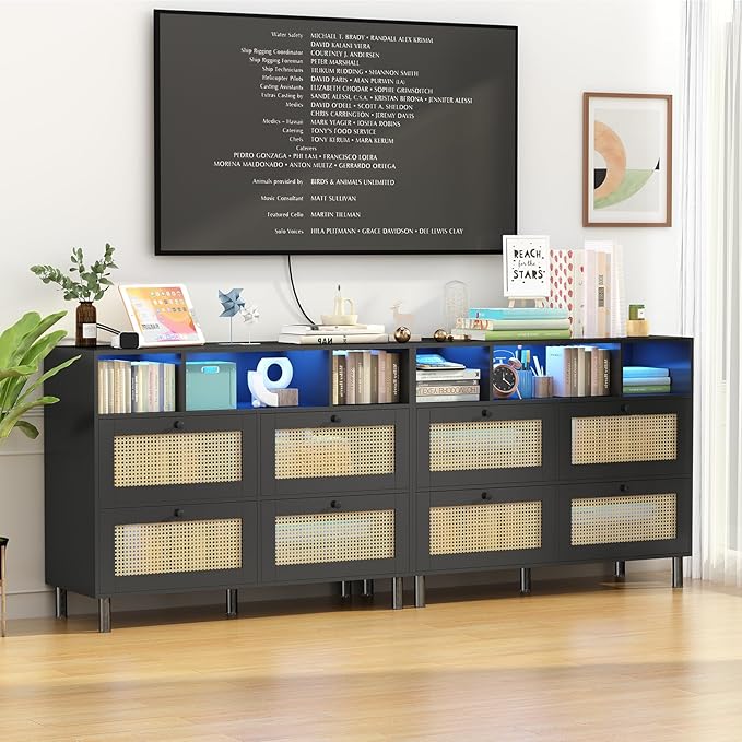 Sideboard Buffet Cabinet, Kitchen Storage Cabinet with Power Outlet & Led Lights, Accent Cabinet with 4 Rattan Doors, Black - LeafyLoom