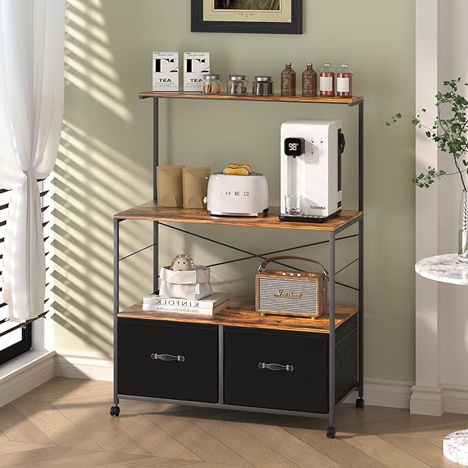 VECELO Mobile Lateral File Cabinet Rolling Printer Stand with 3 Open Storage Shelf, Ideal for Letter Size Folders, with Lockable Casters, Strong Steel Frame, Perfect for Office, 2 Drawer, Brown+Black - LeafyLoom