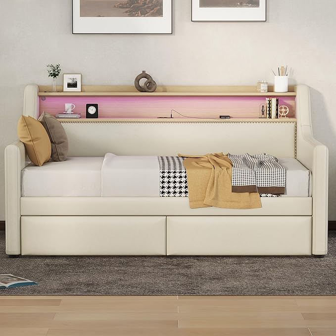 Twin Size Daybed with 2 Storage Drawers, Upholstered Daybed with Charging Station and LED Lights, Twin Size Day Bed Frame for Living Room, Bedroom, Beige - LeafyLoom