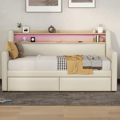 Twin Size Daybed with 2 Storage Drawers, Upholstered Daybed with Charging Station and LED Lights, Twin Size Day Bed Frame for Living Room, Bedroom, Beige - LeafyLoom