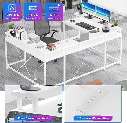 U Shaped Computer Gaming Desk, Reversible L Shaped Desk with Power Outlets, LED Strip & Monitor Stand, Large Corner Desk with Storage Shelves for Home Office, White - LeafyLoom