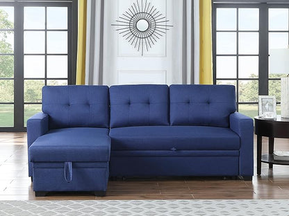 RITSU L-Shaped Convertible Sectional Sofa, Pull Out Sleeper Bed Corner Couch with Storage Space, Linen Tufted Cushions, for Living Room,Office,Apartment, Blue, 82 inch - LeafyLoom