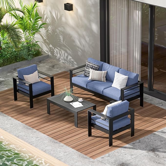 Wisteria Lane Aluminum Outdoor Patio Furniture Set, 4 Pcs Modern Outdoor Conversation Set Sectional Sofa with Upgrade Cushion and Coffee Table for Balcony,Black Frame and Blue Cushion - LeafyLoom