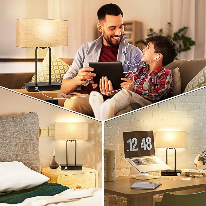 3-Way Dimmable Touch Control Table Lamp with 2 USB Ports and AC Power Outlet Modern Bedside Nightstand Lamp Fabric Shade and Metal Base for Guestroom Bedroom Living Room LED Bulb Included Warm White - LeafyLoom