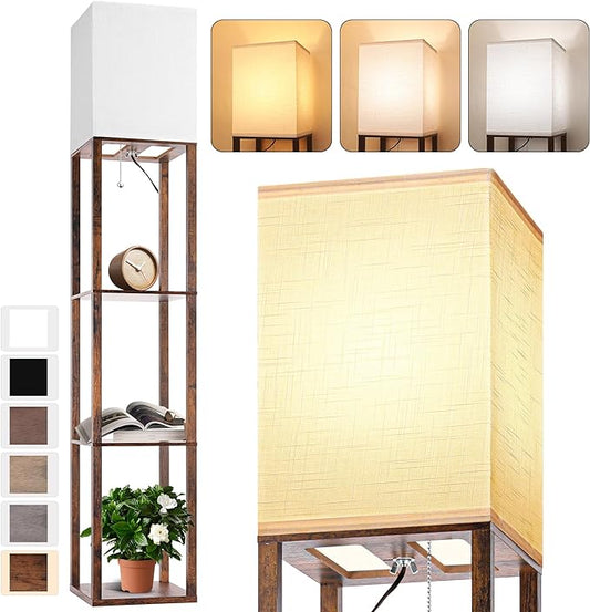 Floor Lamp with Shelves for Living Room Brown, Shelf Floor Lamp with 3 CCT LED Bulb, Corner Display Standing Column Lamp Etagere Organizer Tower Nightstand with White Linen Shade for Bedroom - LeafyLoom