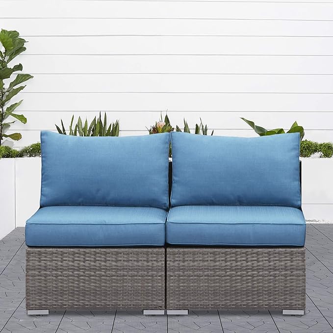 Wisteria Lane 2 Piece Patio Armless Sofa, Outdoor Wicker Sectional Furniture with Cushion, Additional Loveseats for Garden Backyard, Blue - LeafyLoom