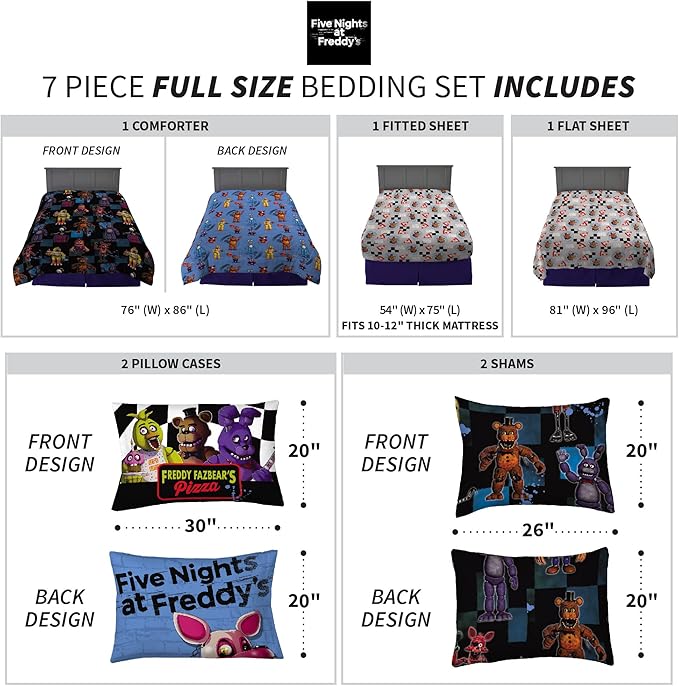 Franco Kids Bedding Super Soft Comforter and Sheet Set with Sham, 7 Piece Full Size, Five Nights At Freddy's - LeafyLoom