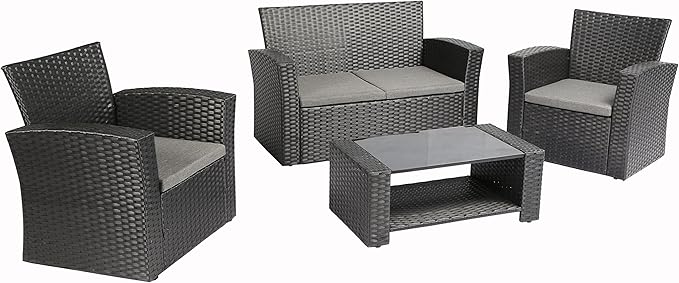 4 Pieces Outdoor Furniture Complete Patio Cushion Wicker P.E Rattan Garden Set, Full, Black - LeafyLoom