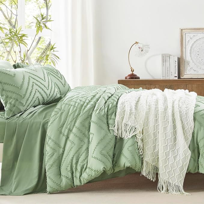 Anluoer Full Comforter Set, Sage Green, 7 Pieces with Sheets, All Season Bedding, Extra Cozy Down Alternative, Machine Washable - LeafyLoom