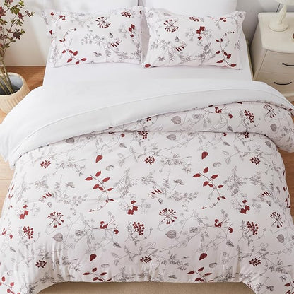 EMME Queen Comforter Set - Red Floral Bedding Set 7 PCS with Flowers Leaves Pattern, Soft Plant Printed Botanical Bed Set with Sheets, Fluffy Bed Bag for All Season(90"X90") - LeafyLoom