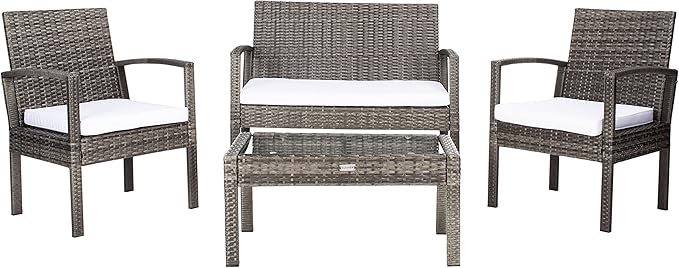 SAFAVIEH Outdoor Collection Bassey Grey Brown/White Cushion 4-Piece Conversation Patio Set PAT7507C - LeafyLoom