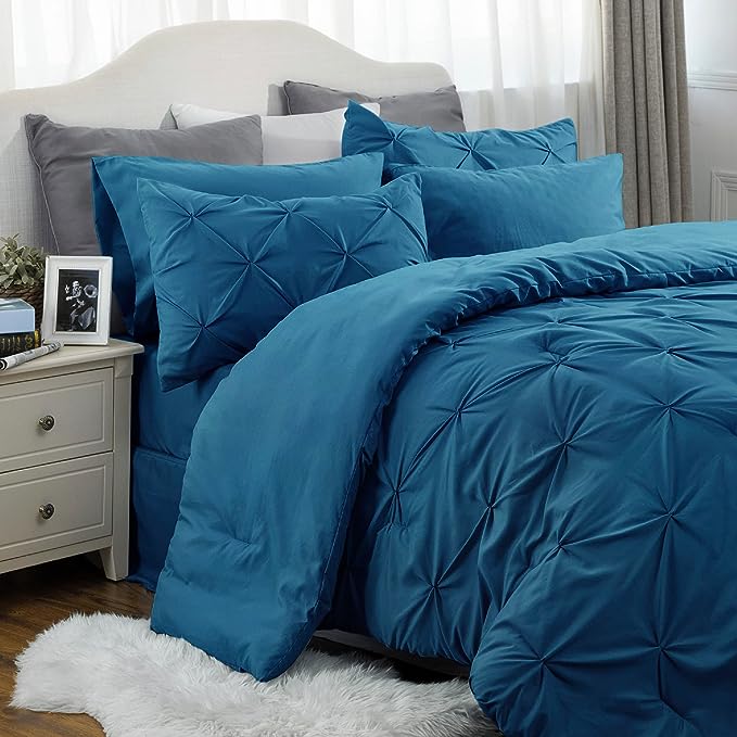 Bedsure King Size Comforter Set - Bedding Set King 7 Pieces, Pintuck Bed in a Bag Teal Blue Bed Set with Comforter, Sheets, Pillowcases & Shams - LeafyLoom