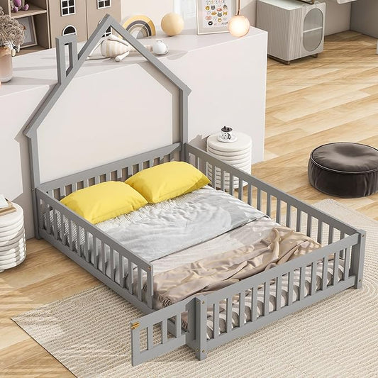 Bellemave Full Size House-Shaped Headboard Floor Bed for Kids, Montessori Floor Bed with Fence and Door,House Bed Twin Frame for Girls,Boys (Gray) - LeafyLoom