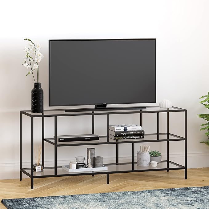 Henn&Hart Rectangular TV Stand with Glass Shelves for TV's up to 60" in Blackened Bronze, TV Stands for the Living Room - LeafyLoom