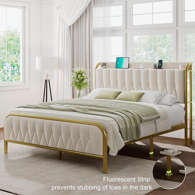 Feonase Queen Bed Frame with Type-C & USB Port, Metal Platform Beds, with Velvet Upholstered Headboard & Footboard, 12" Underbed Storage Space, Easy Assembly, Noise-Free, Gold&Beige - LeafyLoom