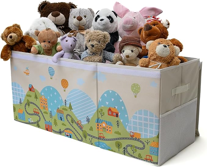 Extra Large Toy Storage Organizer with Lid - Sturdy, Collapsible Toy Chest Storage Box with Cute Design - Toys Bin with Dividers for Kids, Boys, Girls, Nursery, Bedroom, Play room 37"x16"x14" - LeafyLoom