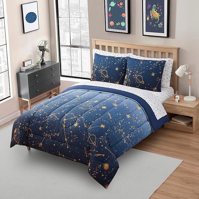 Kids Bedding Set Bed in a Bag for Boys and Girls Toddlers Printed Sheet Set and Comforter, Full, Galaxy - LeafyLoom