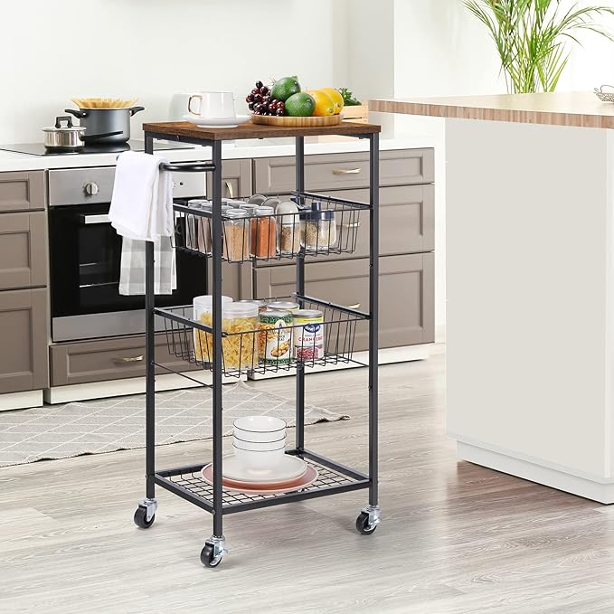 NORCEESAN Rolling Storage Cart 4 Tier Kitchen Cart on Wheels Metal Mobile Utility Cart with Storage Basket Shelf Bathroom Organizer Cart with Handle Pantry Trolley Cart with Tabletop for Home Office - LeafyLoom