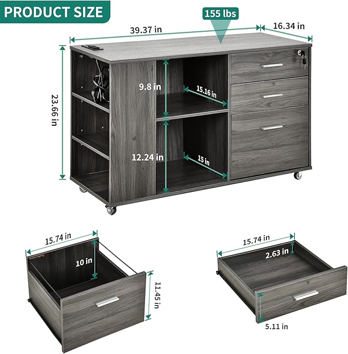 YITAHOME 3 Drawer File Cabinet with Charging Station, Home Office Furniture, Grey - LeafyLoom