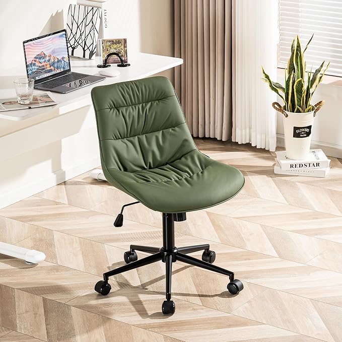 Kidol & Shellder Armless Office Chair Desk Chair Comfy Makeup Vanity Chair with Back Ergonomic Swivel Chair Home Office Desk Chairs with Wheels Computer Chair Bedroom Accent Chair(Olive Green) - LeafyLoom