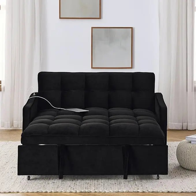 Tufted Convertible Futon Loveseat Pull Out Couch Bed 3 in 1 Velvet Upholstered Sleeper Sofa Recliner Love Seat Lounge Chaise Daybed with Adjustable Backrest Type C and USB Charging for Living Room - LeafyLoom