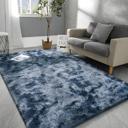 4x6 Large Area Rugs for Living Room, Super Soft Fluffy Modern Bedroom Rug, Tie-Dyed Blue Grey Indoor Shag Fuzzy Carpets for Girls Kids Nursery Room Home Decor - LeafyLoom