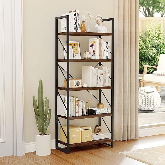 YITAHOME 5-Tier Bookshelf, Freestanding Book Shelf, Industrial Minimalist Open Display Storage Book Shelves Standing Shelving Unit for Living Room Bedroom Home Office, Rustic Brown - LeafyLoom