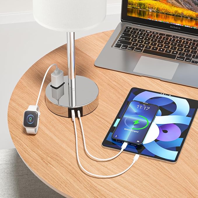 Bedside Table Lamps for Bedroom Set of 2 - Touch Nightstand Lamp with USB-A+C Charging Ports & AC Outlet - 3 Way Dimmable Small Desk Lamp White for Office, Living Room, Reading - LeafyLoom