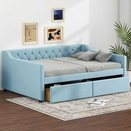 Full Size Velvet Upholstered Tufted Daybed with 2 Drawers,Modern Wood Bed Frame w/Armrests,Slat Support,No Box Spring Needed,Daybeds for Apartment,Bedroom,Guest Room,Blue - LeafyLoom