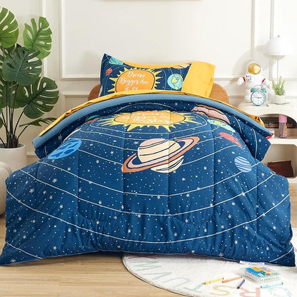 SLEEP ZONE 5 Pieces Bedding Super Soft Comforther Set, Soft Lightweight Bed in a Bag, Durable Children Bed Set, Easy Care, All Season (Solar System, Twin) - LeafyLoom