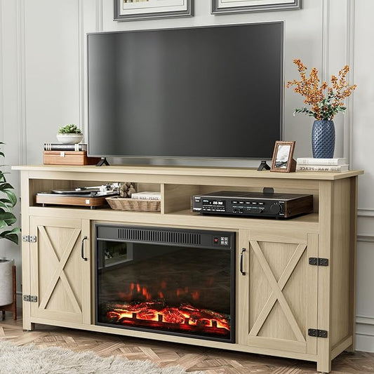 YESHOMY Fireplace TV Stand for Television up to 65+ Inch with Storage and Farmhouse Barn Doors, Entertainment Center with Cabinet and Shelves, Media Console for Living Room, Oak - LeafyLoom