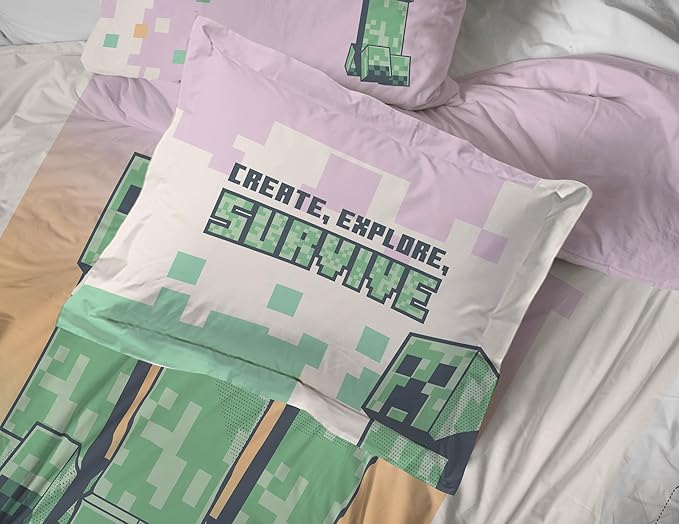 Minecraft Creeper Twin Comforter Set - 5 Piece Bedding includes Sheet Set & Pillow Covers - Super Soft Pink & Green Kids Bedding - LeafyLoom