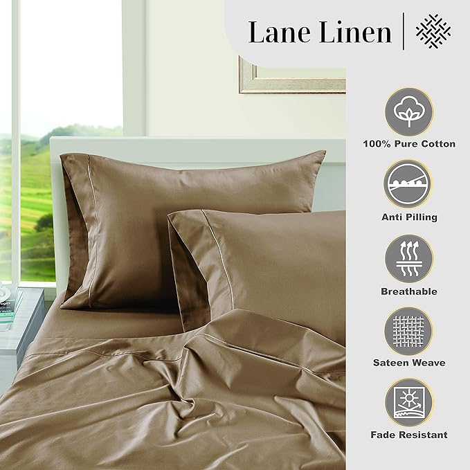 LANE LINEN 100% Egyptian Cotton Bed Sheets - 1000 Thread Count 3-Piece Twin XL Set Long Staple Bedding Sateen Weave Luxury Hotel Fits Upto 16" Mattress Taupe - LeafyLoom