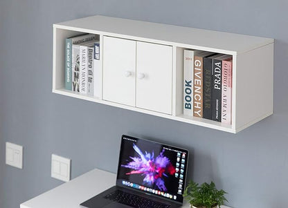 Wall Mounted Office Computer Desk and Floating Hutch Cabinet, White - LeafyLoom