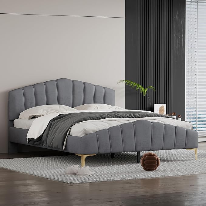 RITSU Queen Size Velvet Platform Bed with Thick Fabric, Solid Wood Bedframe Stylish Stripe Decorated Bedboard and Golden Metal Beds Leg, for BedRoom, Children's bedroom, Gray - LeafyLoom