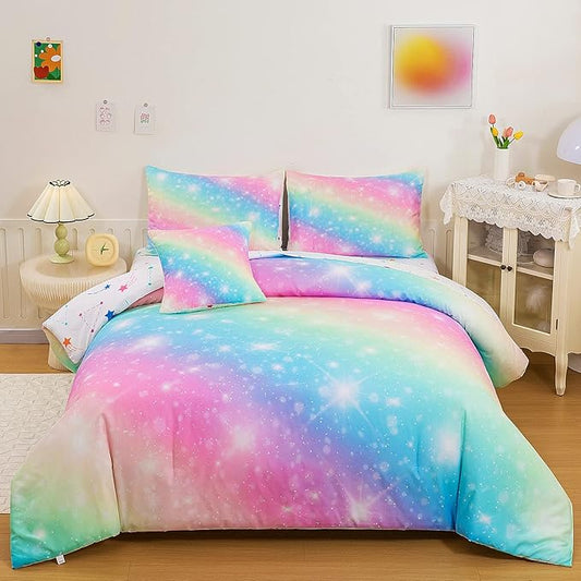 6 Pcs Bed in A Bag Glitter Galaxy Comforter Set Twin Size, Ombre Pink Rainbow Bedding Sets with Sheets for Girls - LeafyLoom