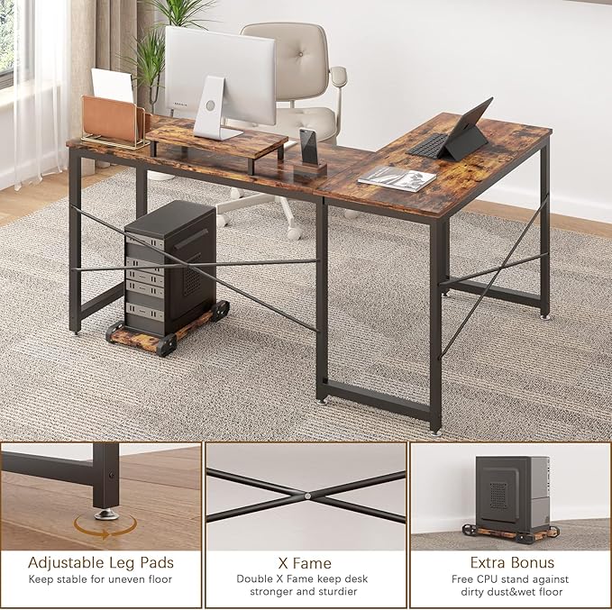 Computer Desk, L Shaped Desk with Large Desktop, Corner Desk with Monitor Stand PC Laptop Table Computer Workstation for Home Office (Rustic Brown) - LeafyLoom