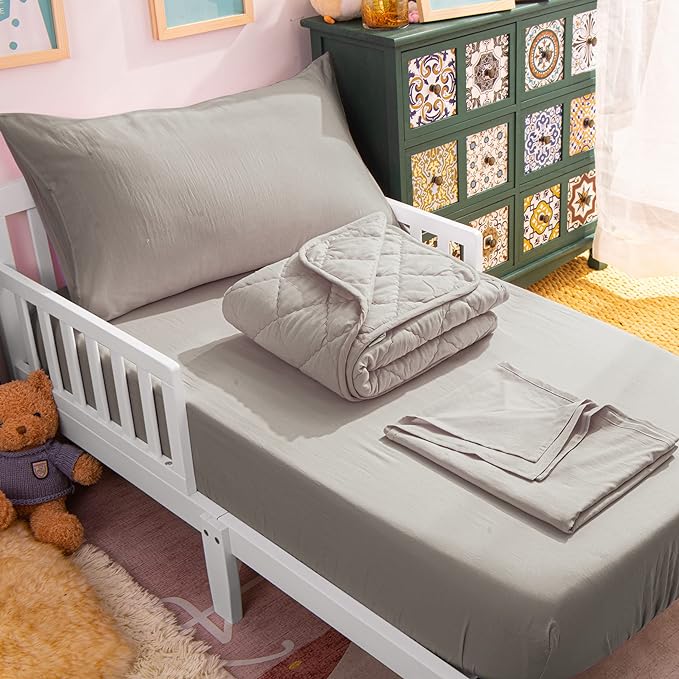 NTBAY Toddler Bedding Set - 4 Piece Soft and Breathable Crib Bedding Set for Boys and Girls, Includes Quilted Comforter, Fitted Sheet, Flat Top Sheet and Envelope Pillowcase, Smoke Grey - LeafyLoom