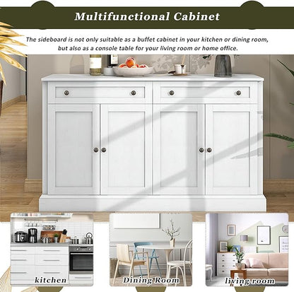 60" Sideboard Storage Buffet Cabinet with 2 Drawers,Wooden Console Table,W/ 4 Doors,Adjustable Shelves,Not Easy to Deform,for Dining Room/Kitchen/Entryway,Antique White - LeafyLoom