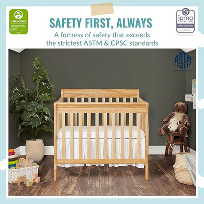 Aden 4-in-1 Convertible Mini Crib in Natural, Greenguard Gold Certified & Sunset 3” Extra Firm Fiber Crib Mattress, Greenguard Gold Certified, Waterproof Vinyl Cover - LeafyLoom