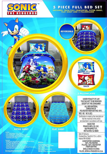 Franco Kids Bedding Super Soft Comforter and Sheet Set, 5 Piece Full Size, Sonic The Hedgehog, Anime - LeafyLoom