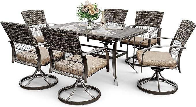 Pamapic 7 Piece Outdoor Dining Set, Rattan Outdoor Patio Furniture Set for Deck Backyard Garden with Iron Outdoor Dining Table, 6 Swivel Outdoor Dining Chairs and Removable Cushions (Beige) - LeafyLoom