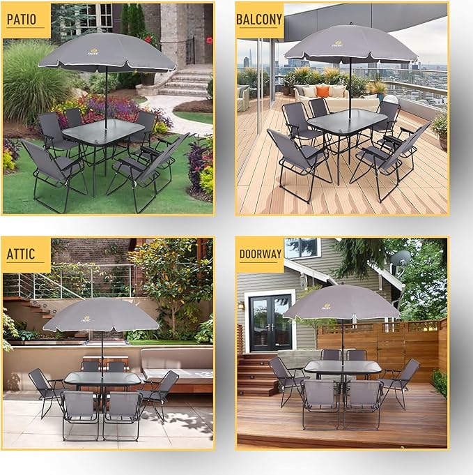 Nice C Outdoor Dining Sets, Patio Furniture Set, 8 Piece Set with Umbrella, Garden Outdoor Furniture Table Set with Tilted Removable Umbrella, Glass Table, and 6 Folding Chairs (Grey) - LeafyLoom